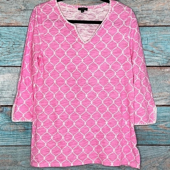 Talbots Tops - Talbots Linen Blend Top S Pink Embroidered Design 3/4 Sleeves Split Hem